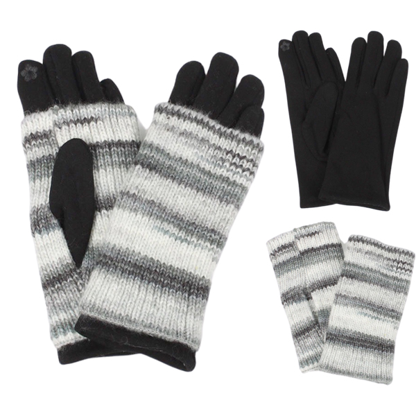 3568 - Black Multi<br>
Striped Overlay Knitted Gloves