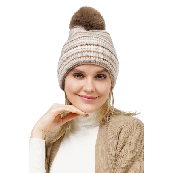10687 - Taupe Multi<br>
Striped Knit Beanie

