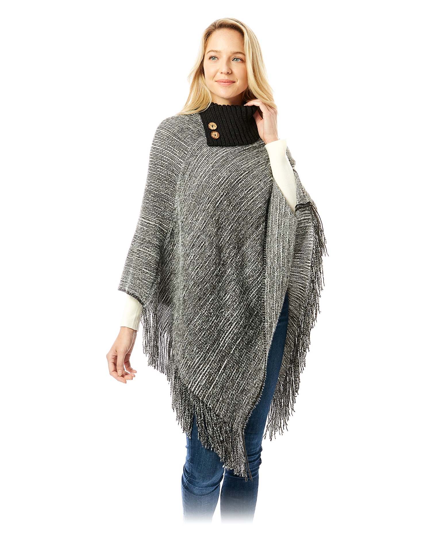 1303 - Knit Fold-over Button Collar Poncho