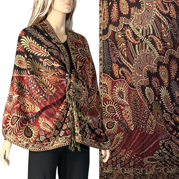 3694 - A01 Burgundy Multi<br>
Feathers Woven Shawl