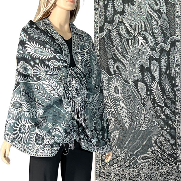 3694 - A08 Slate/Black<br>
Feathers Woven Shawl