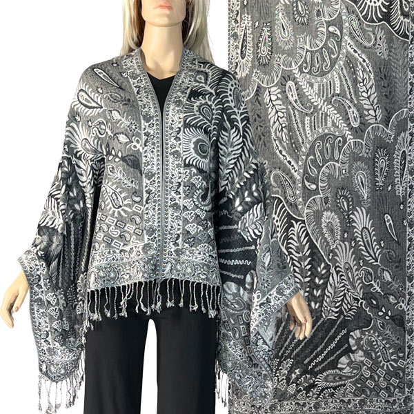 3694 - A09 Silver/Black<br>
Feathers Woven Shawl 