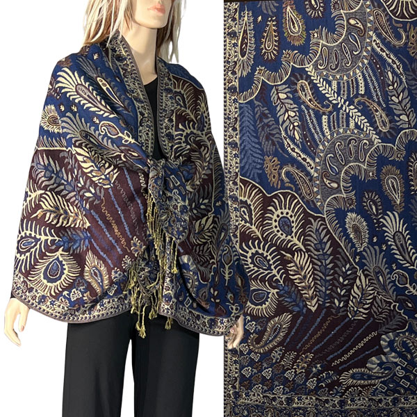 3694 - A10 Deep Blue Multi<br>
Feathers Woven Shawl
