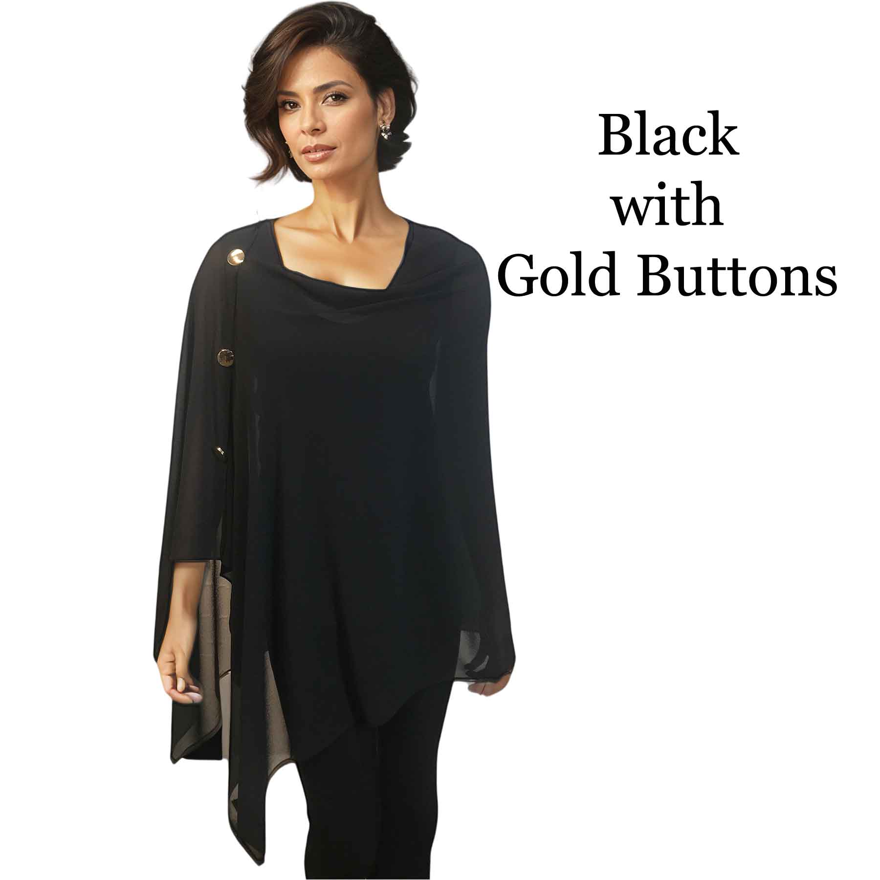 017G - Black w/Gold Buttons<br>
Georgette Button Shawl

