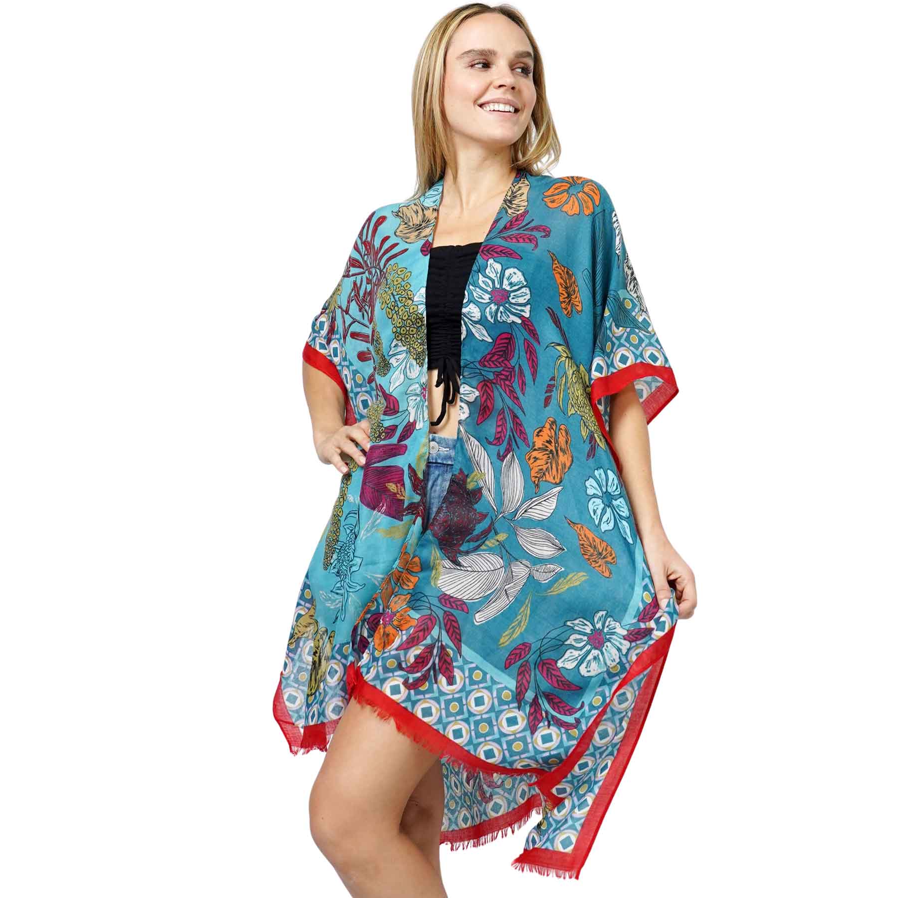10983 - Teal<br>
Floral Print Kimono