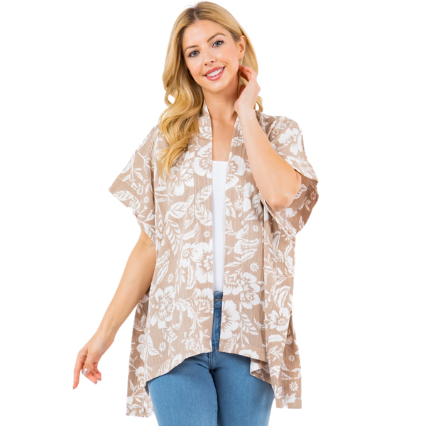 4262 - Tan/White Floral<br>
Textured Crepe Kimono
