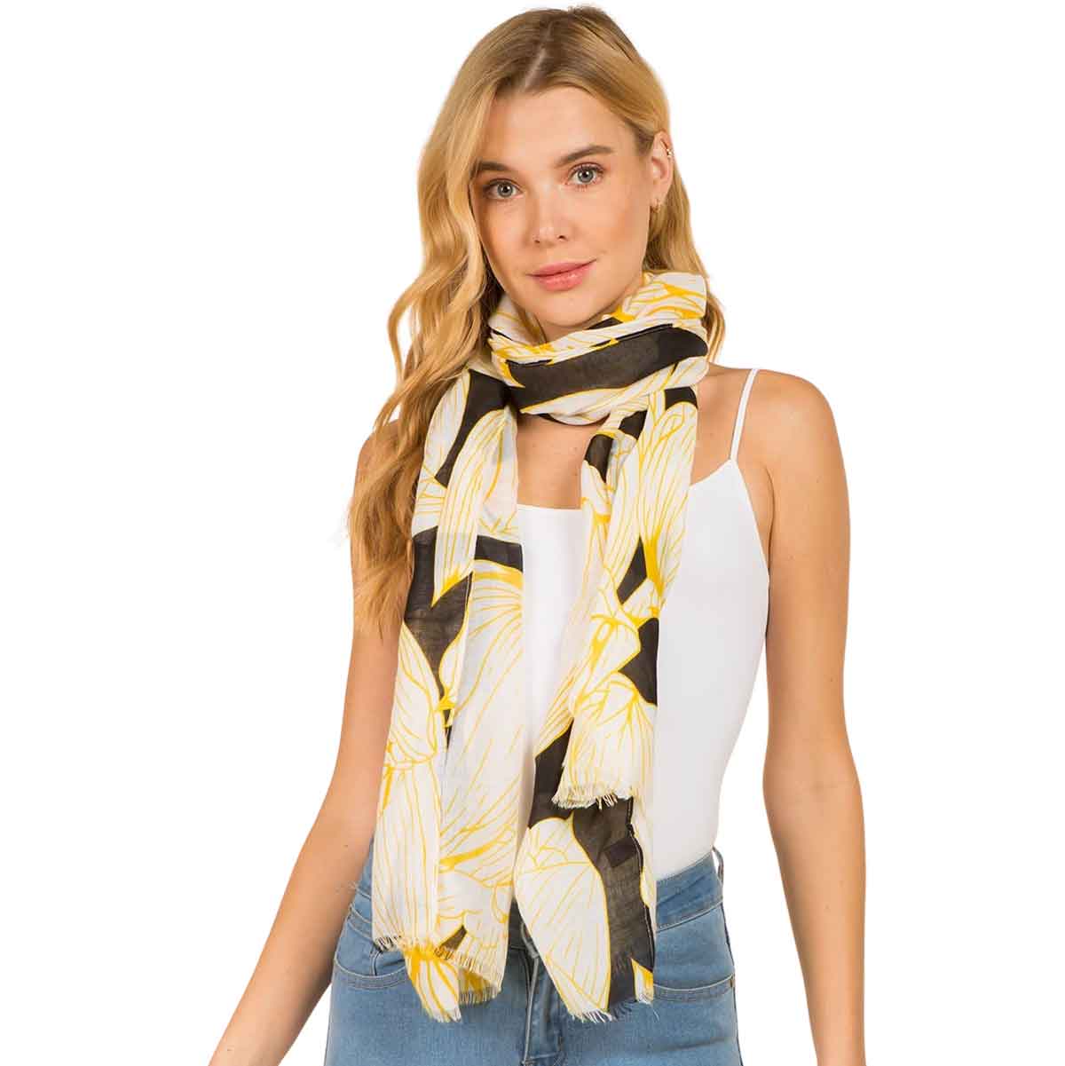 4114BK<br> 
Black/Yellow Floral Line Drawing Scarf