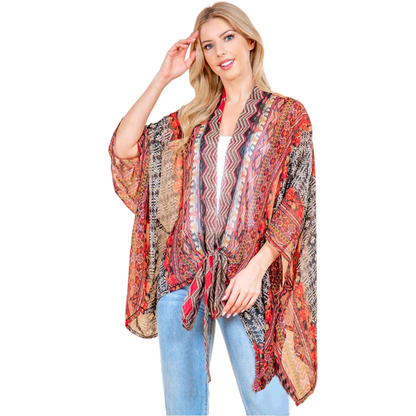 4243 - Red Multi<br>
Modern Abstract Tie Front Kimono
