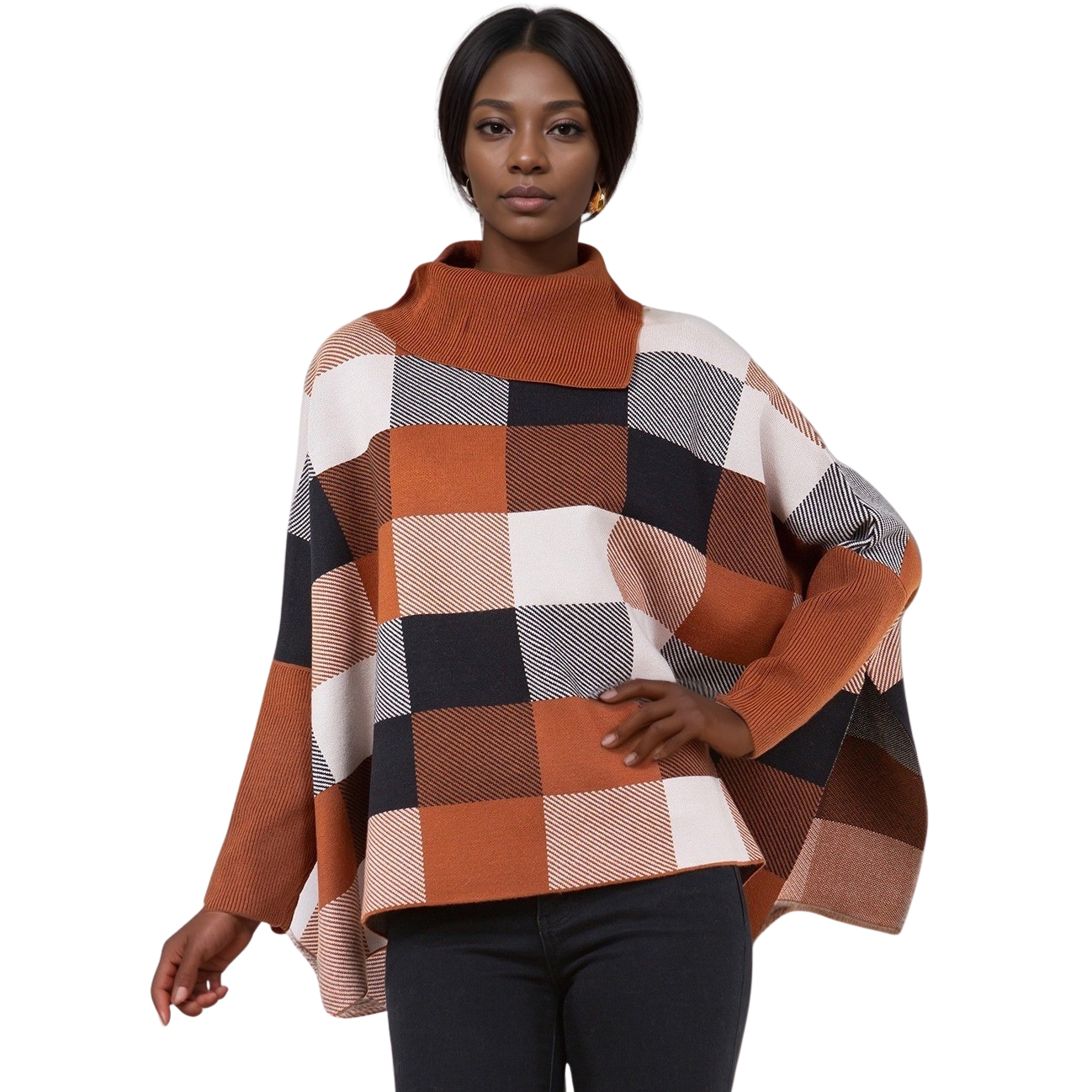 4318 - Checker Design Poncho with Sleeves