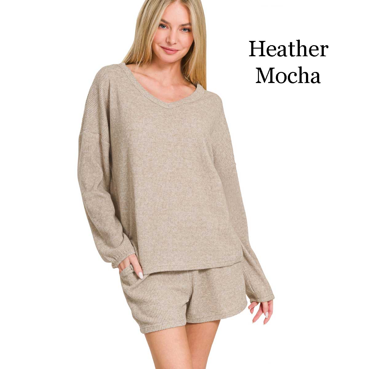 2471A3 - Brushed V-Neck Long Sleeve Top and Shorts