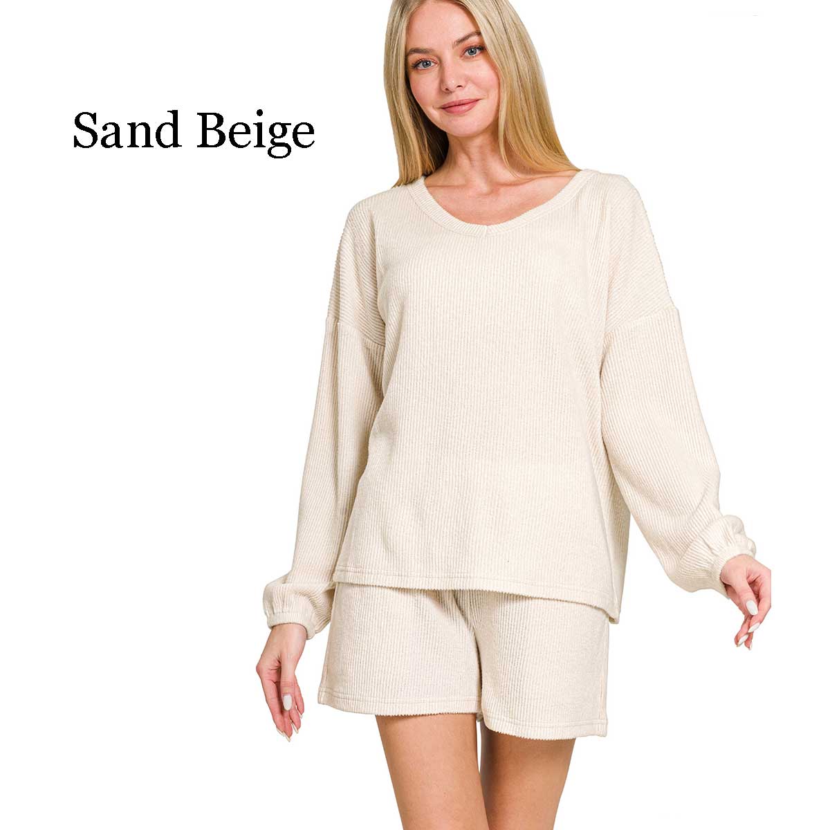 2471A3 - Brushed V-Neck Long Sleeve Top and Shorts