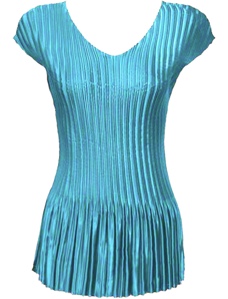 Solid Aqua Satin Mini Pleat - Cap Sleeve V-Neck