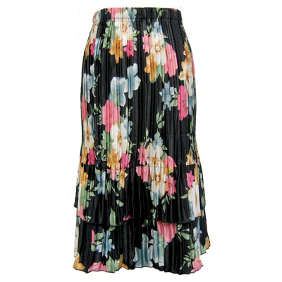  Black Floral Satin Mini Pleat Tiered Skirt