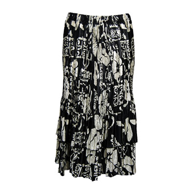  Ivory Floral on Black Satin Mini Pleat Tiered Skirt