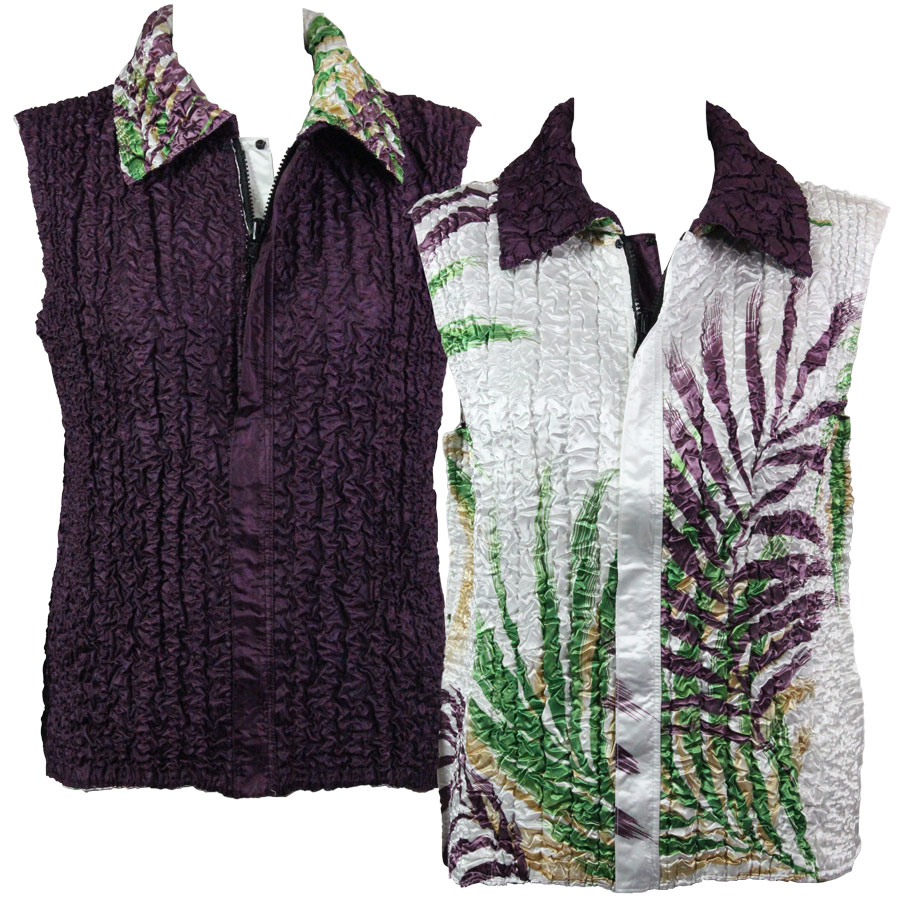 9765 - Palm Leaves Green-Plum<br>  Quilted Reversible Vest