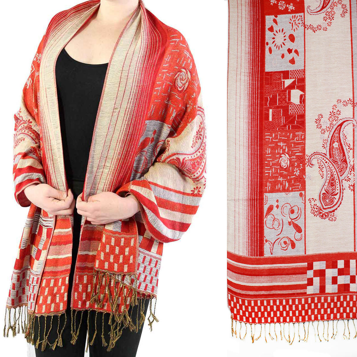 773 - PASHMINA Style Shawls - Medley Print - Red-Grey