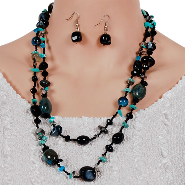 794 Fashion Necklace & EARRING Sets - Chips and Stones with Seed Beads - Dark Tones