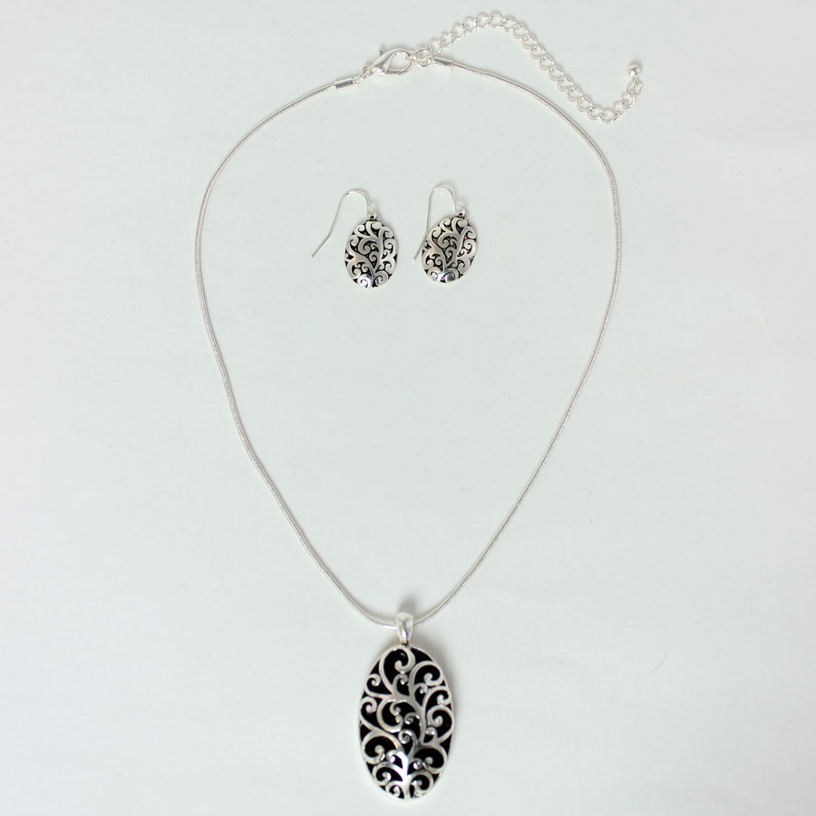 794 Fashion Necklace & EARRING Sets - Abstract Design Oval - Black-Silver