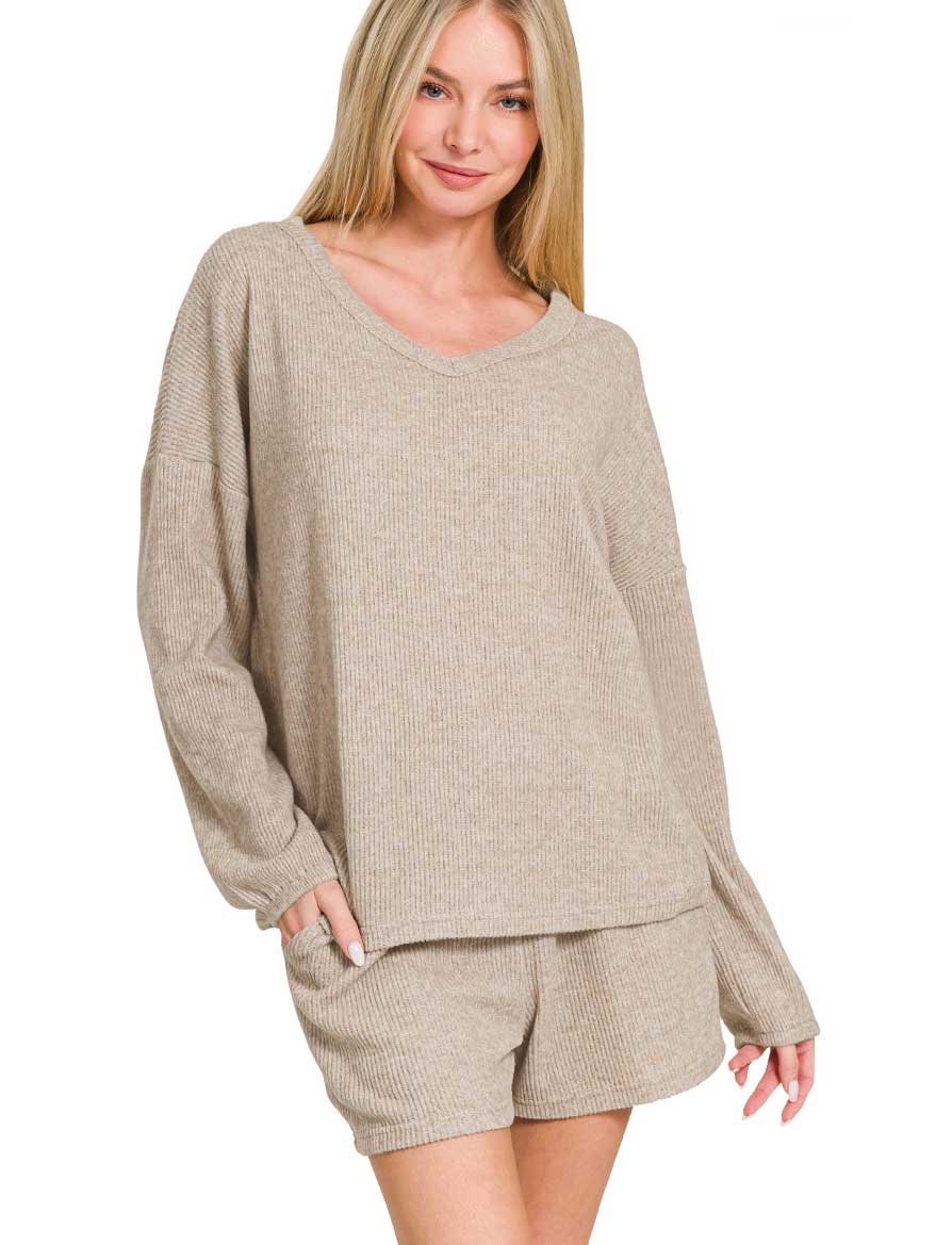 2471A3 - Brushed V-Neck Long Sleeve Top and Shorts