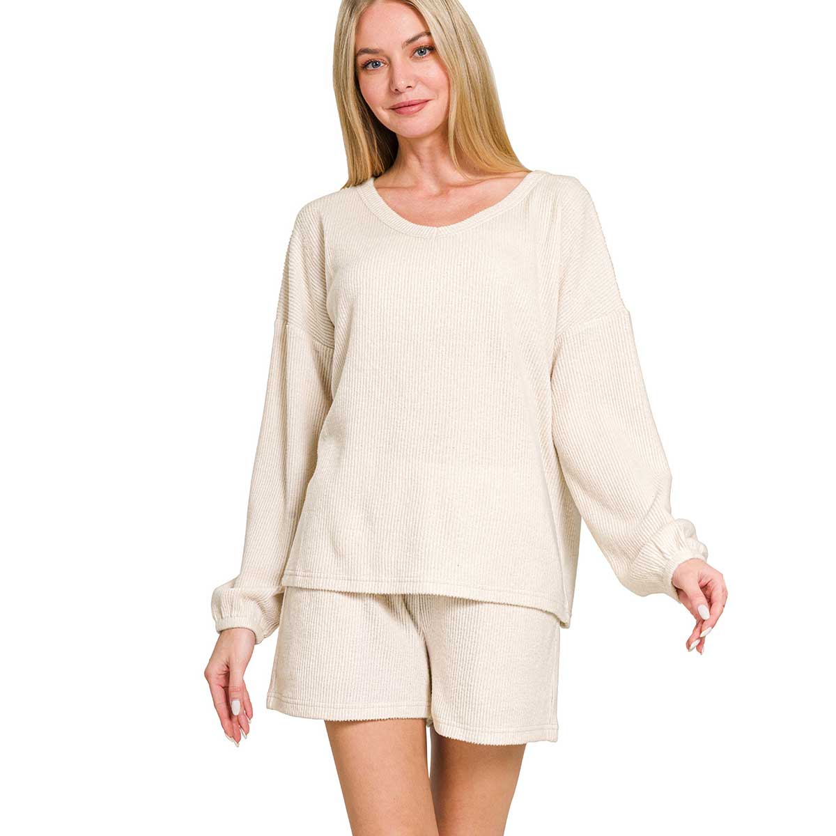 2471A3 - Brushed V-Neck Long Sleeve Top and Shorts